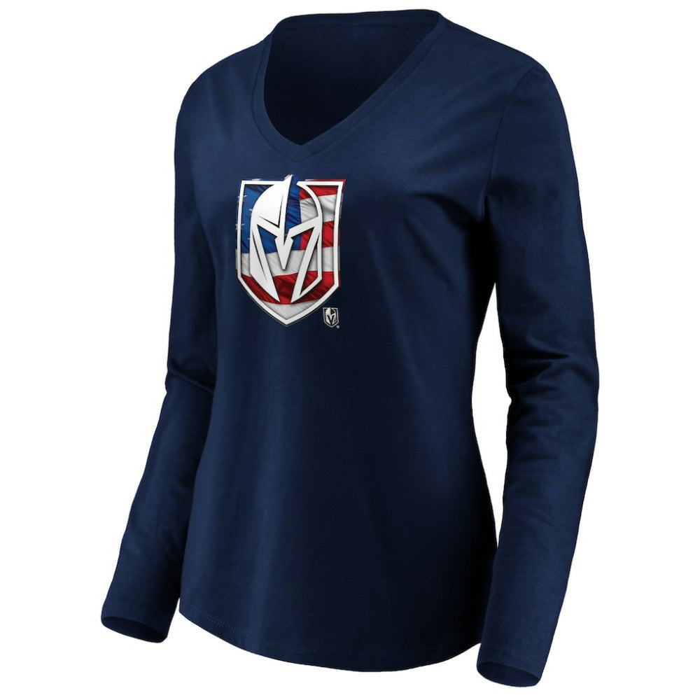 Vegas Golden Knights women's Banner Wave Logo Long Sleeve V-Neck T-Shirt - Navy - NHL 3930420