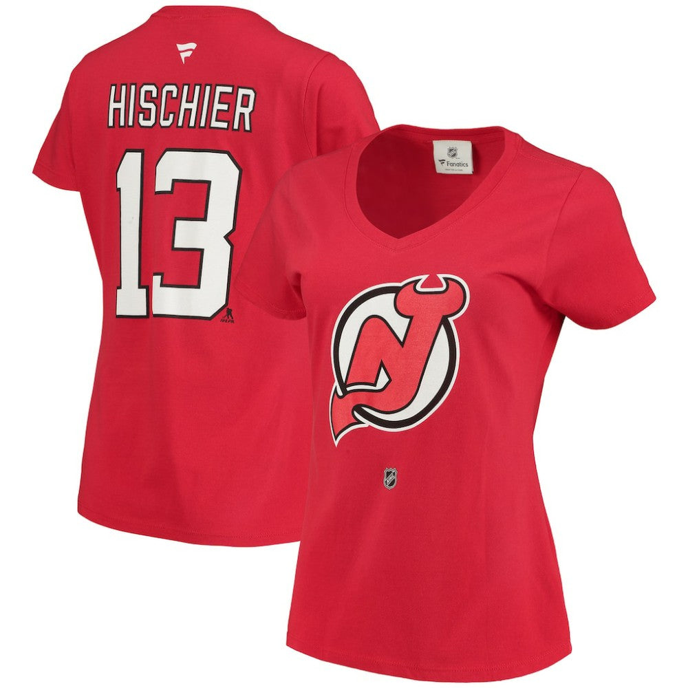 Nico Hischier New Jersey Devils Fanatics Women's Name & Number Logo V-Neck T-Shirt - Red - NHL 3947678