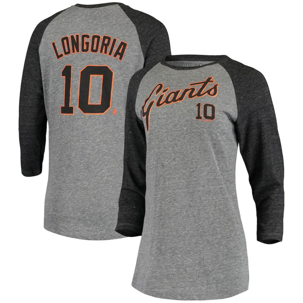 Evan Longoria San Francisco Giants 5th & Ocean by New Era Women's Script Name & Number Raglan Tri-Blend 3/4-Sleeve T-Shirt - Gray - New Era Lifestyle