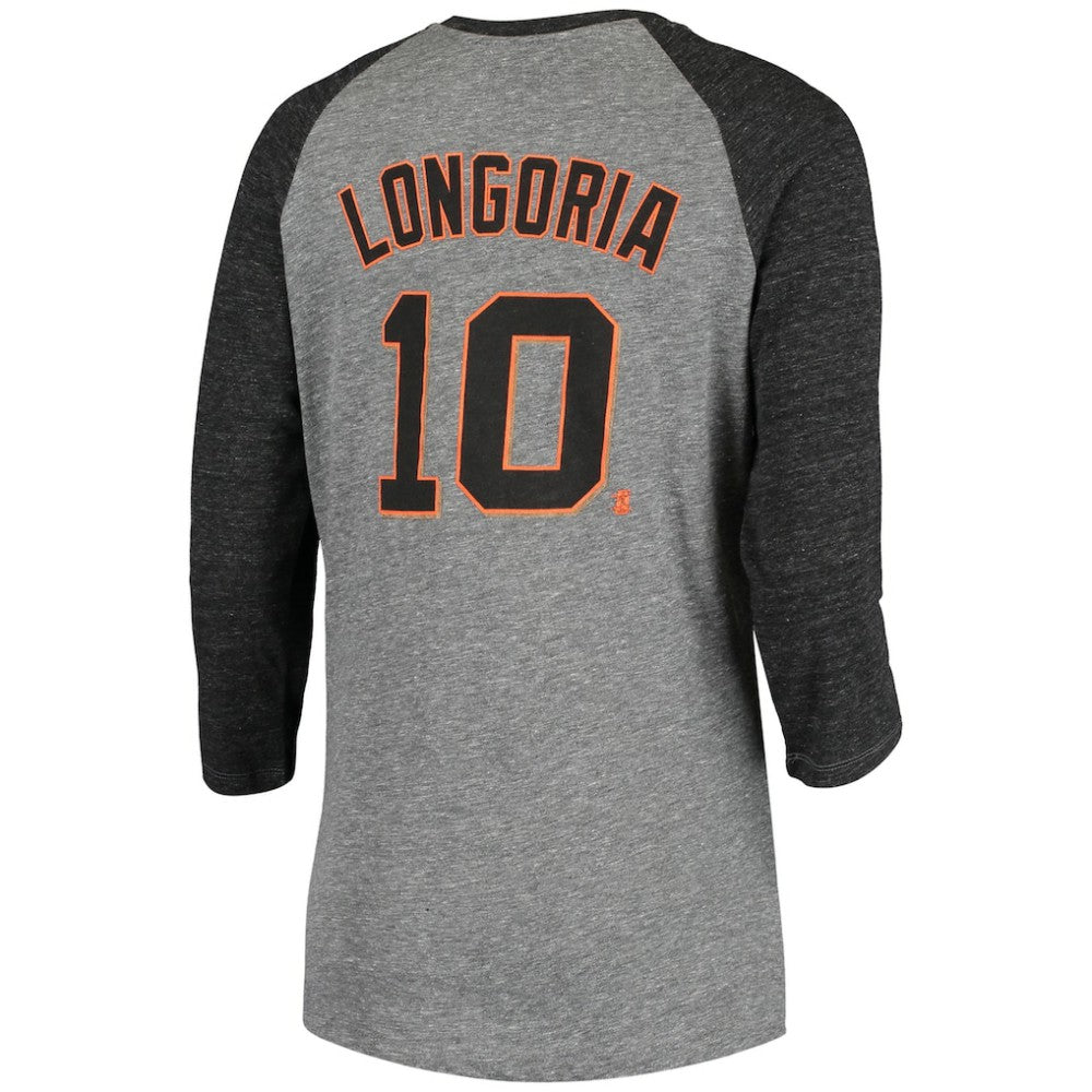 Evan Longoria San Francisco Giants 5th & Ocean by New Era Women's Script Name & Number Raglan Tri-Blend 3/4-Sleeve T-Shirt - Gray - New Era Lifestyle