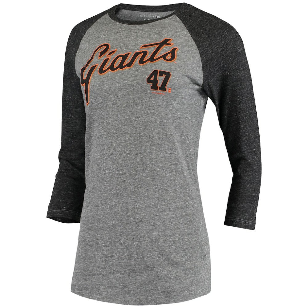Johnny Cueto San Francisco Giants 5th & Ocean by New Era Women's Script Name & Number Raglan Tri-Blend 3/4-Sleeve T-Shirt - Gray - New Era Discount