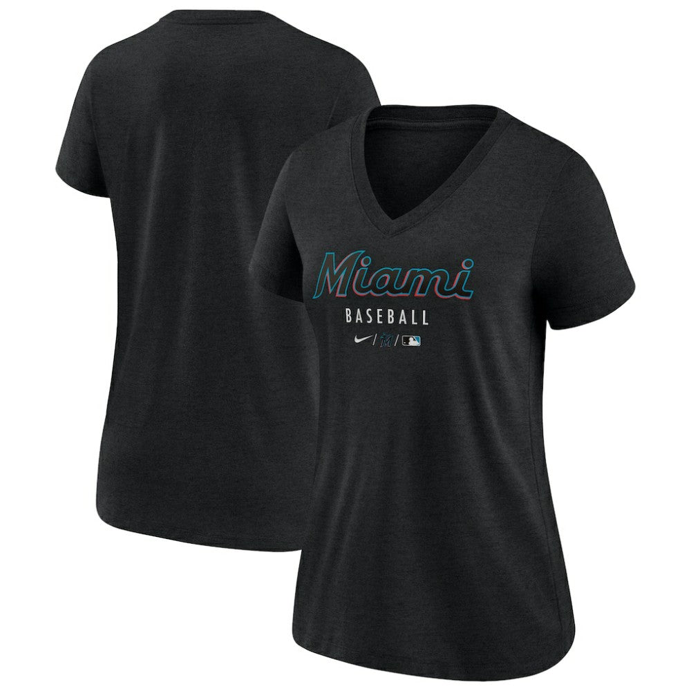 Miami Marlins Nike Women's Authentic Collection Tri-Blend V-Neck T-Shirt - Heather Black - Nike on Sale