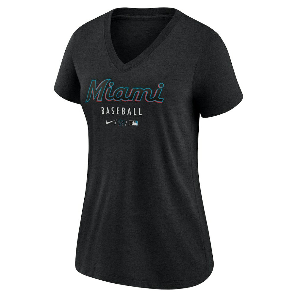 Miami Marlins Nike Women's Authentic Collection Tri-Blend V-Neck T-Shirt - Heather Black - Nike on Sale