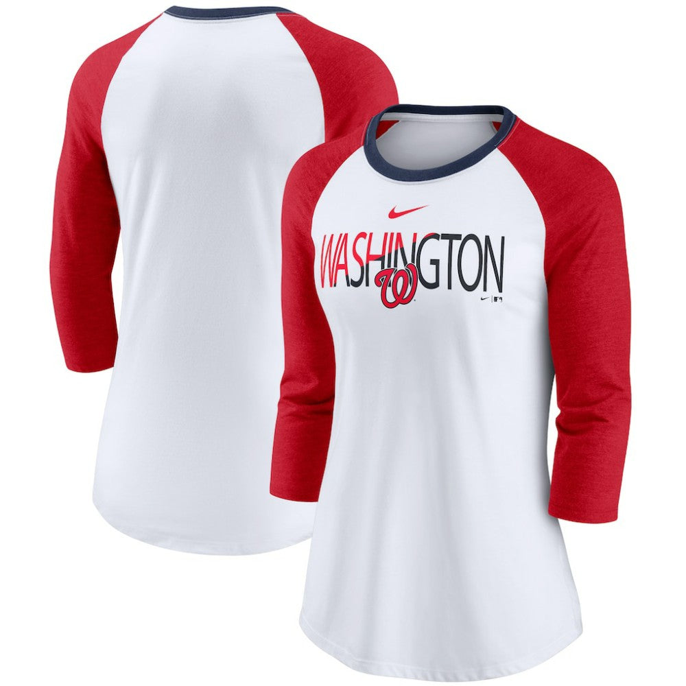 Washington Nationals Nike Women's Color Split Tri-Blend 3/4-Sleeve Raglan T-Shirt - White/Heathered Red - Nike Online