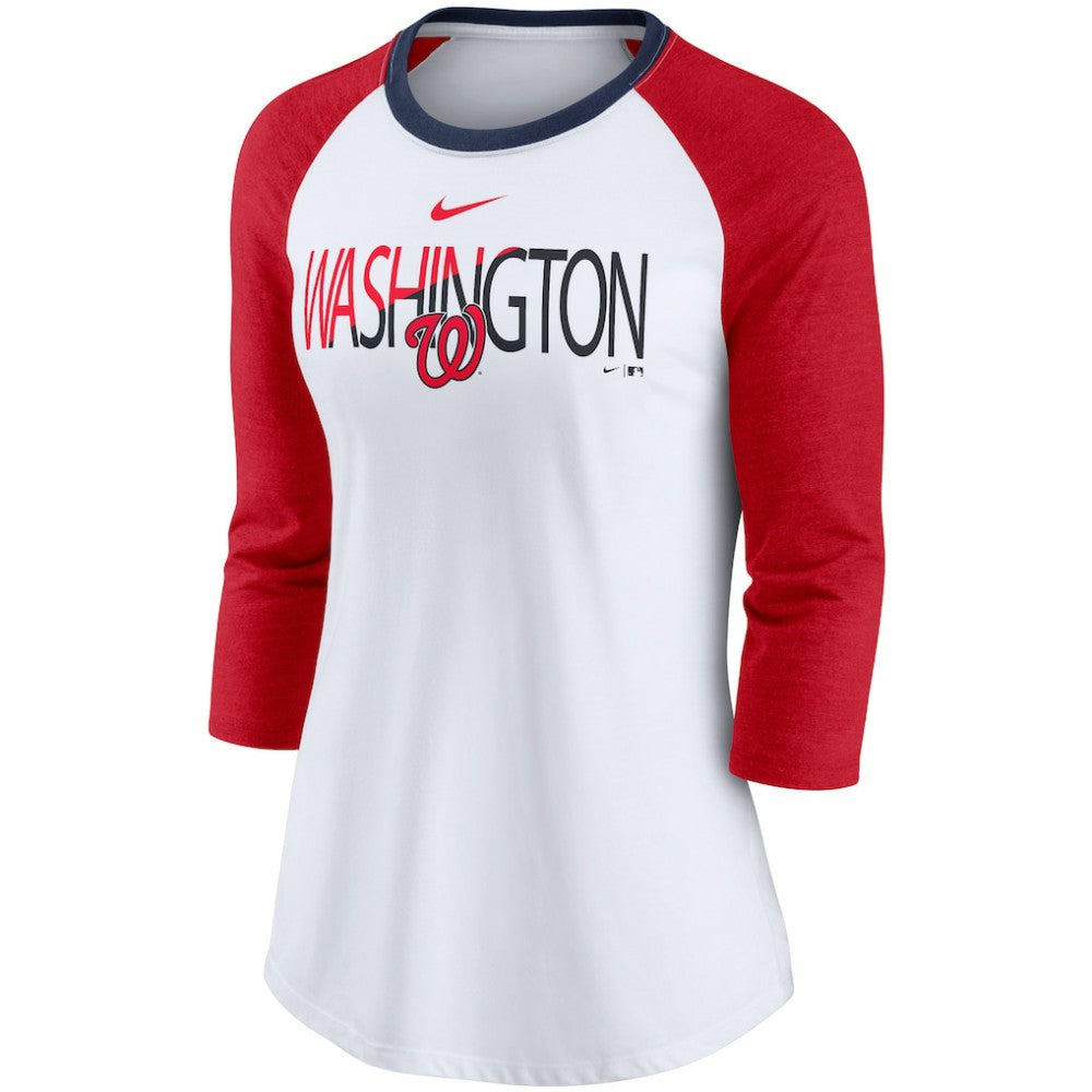 Washington Nationals Nike Women's Color Split Tri-Blend 3/4-Sleeve Raglan T-Shirt - White/Heathered Red - Nike Online