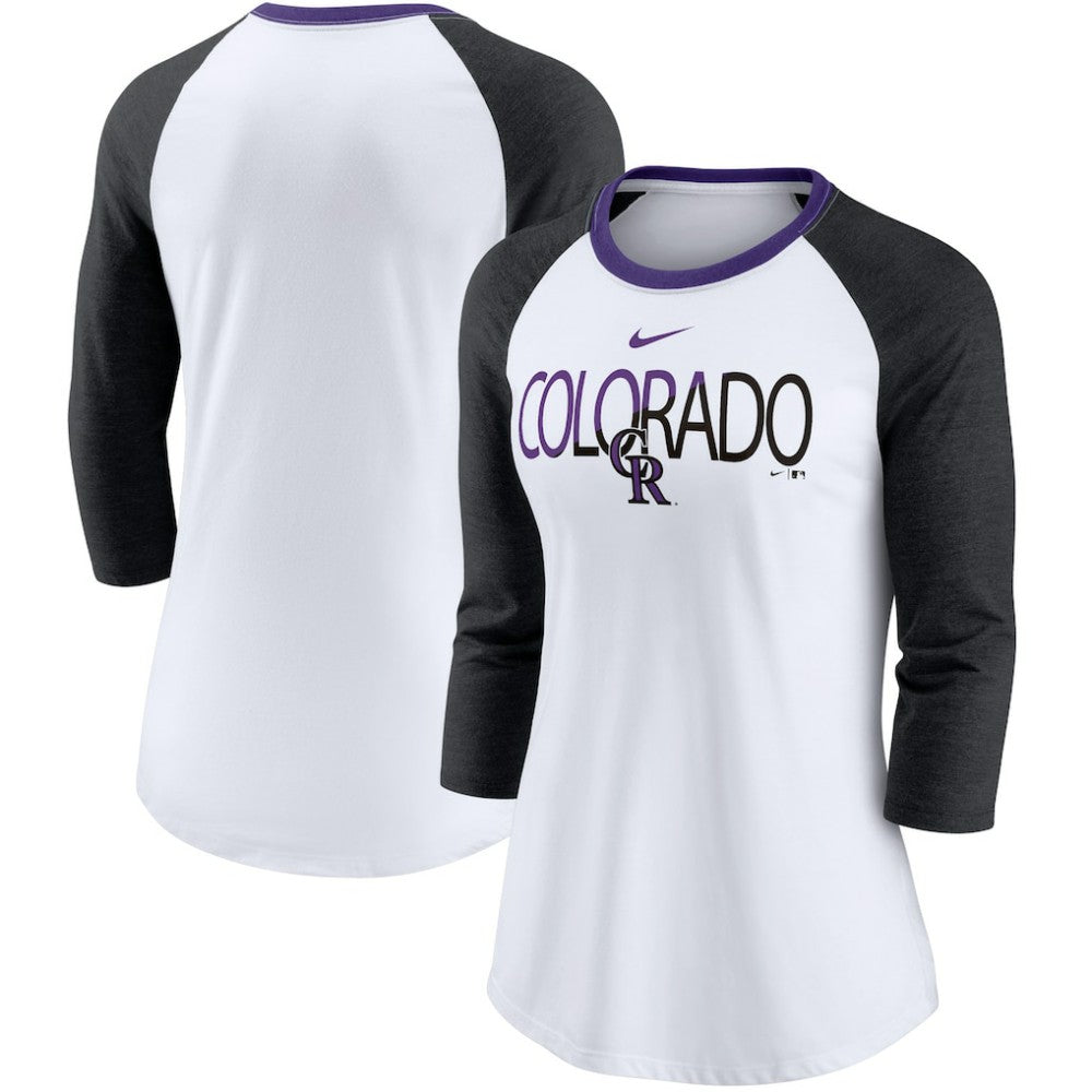 Colorado Rockies Nike Women's Color Split Tri-Blend 3/4-Sleeve Raglan T-Shirt - White/Heathered Black - Nike Sale