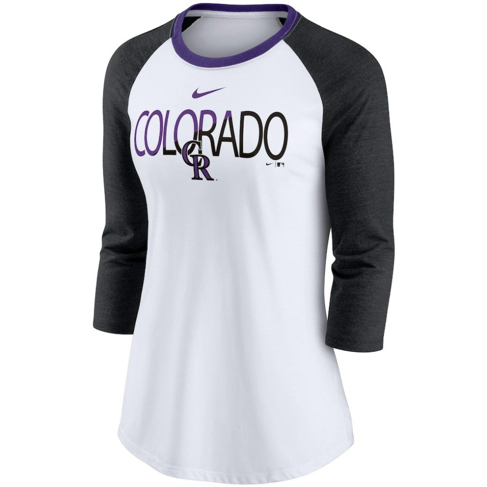 Colorado Rockies Nike Women's Color Split Tri-Blend 3/4-Sleeve Raglan T-Shirt - White/Heathered Black - Nike Sale