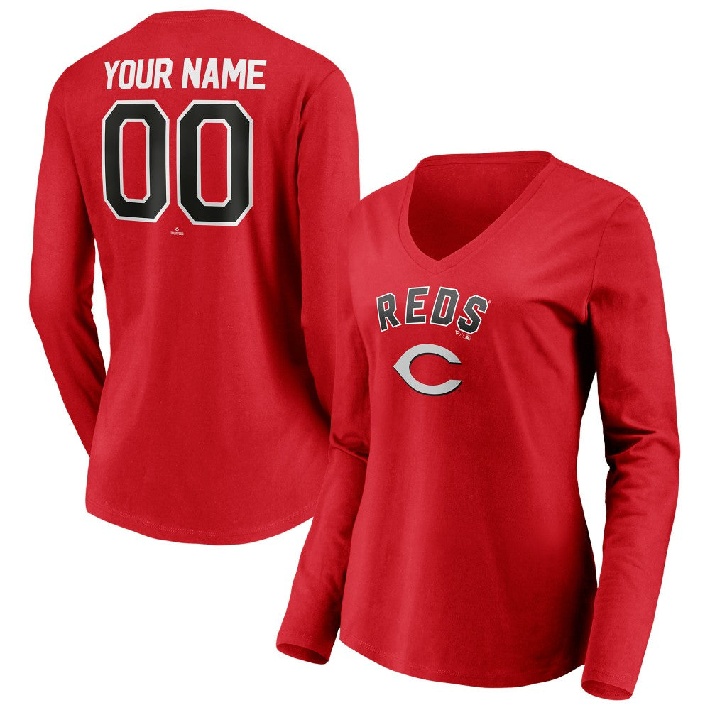 Cincinnati Reds Women's Personalized Winning Streak Name & Number Long Sleeve V-Neck T-Shirt - Red - MLB Online