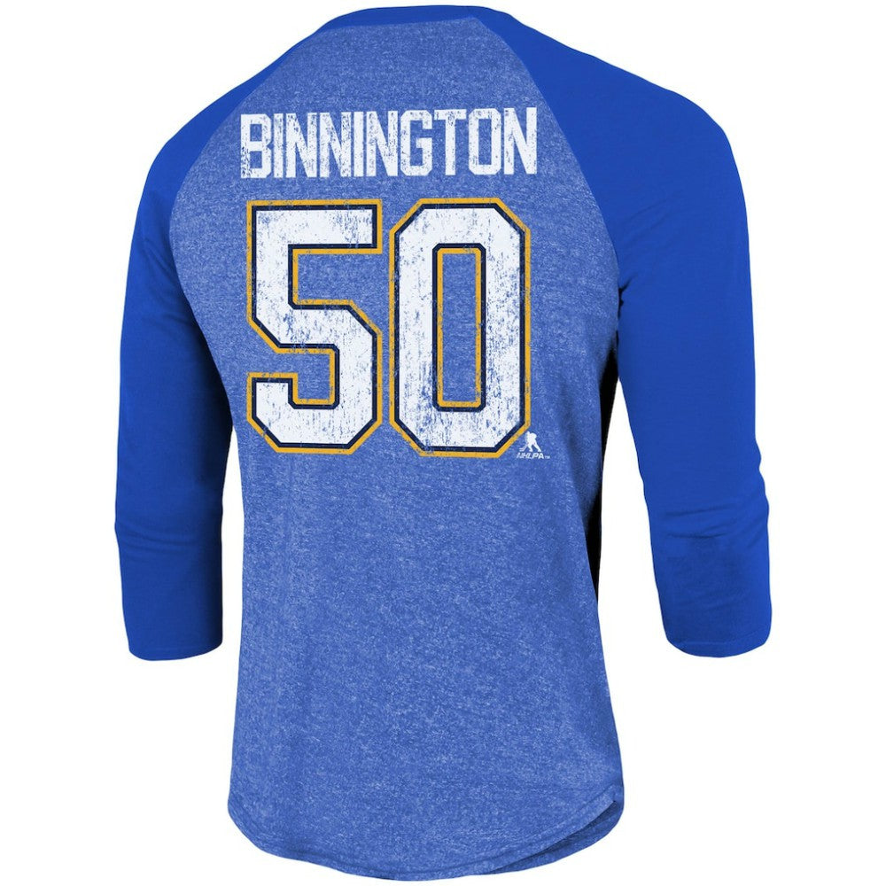 Jordan Binnington St. Louis Blues Fanatics Name & Number Tri-Blend Raglan 3/4-Sleeve T-Shirt - Blue - NHL 4019059