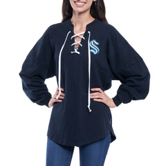 Seattle Kraken Fanatics Women's Lace Up Long Sleeve Spirit Top - Navy - NHL 4025072