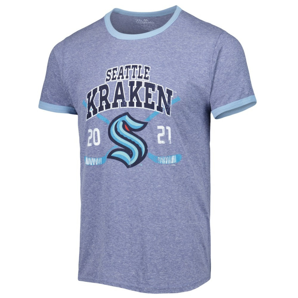 Seattle Kraken Fanatics Buzzer Beater Tri-Blend Ringer T-Shirt - Heathered Deep Sea Blue - NHL 4049820