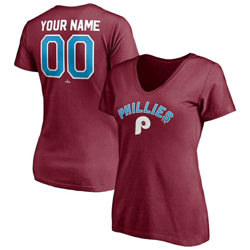 Philadelphia Phillies Women's Cooperstown Winning Streak Alternate Personalized Name & Number V-Neck T-Shirt - Burgundy - MLB on Sale