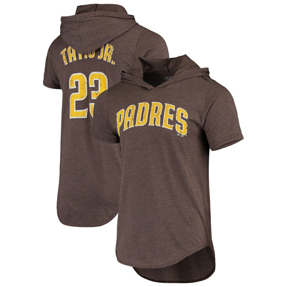Fernando Tatis Jr. San Diego Padres Majestic Threads Softhand Player Tri-Blend Hoodie T-Shirt - Heathered Brown - MLB Lifestyle