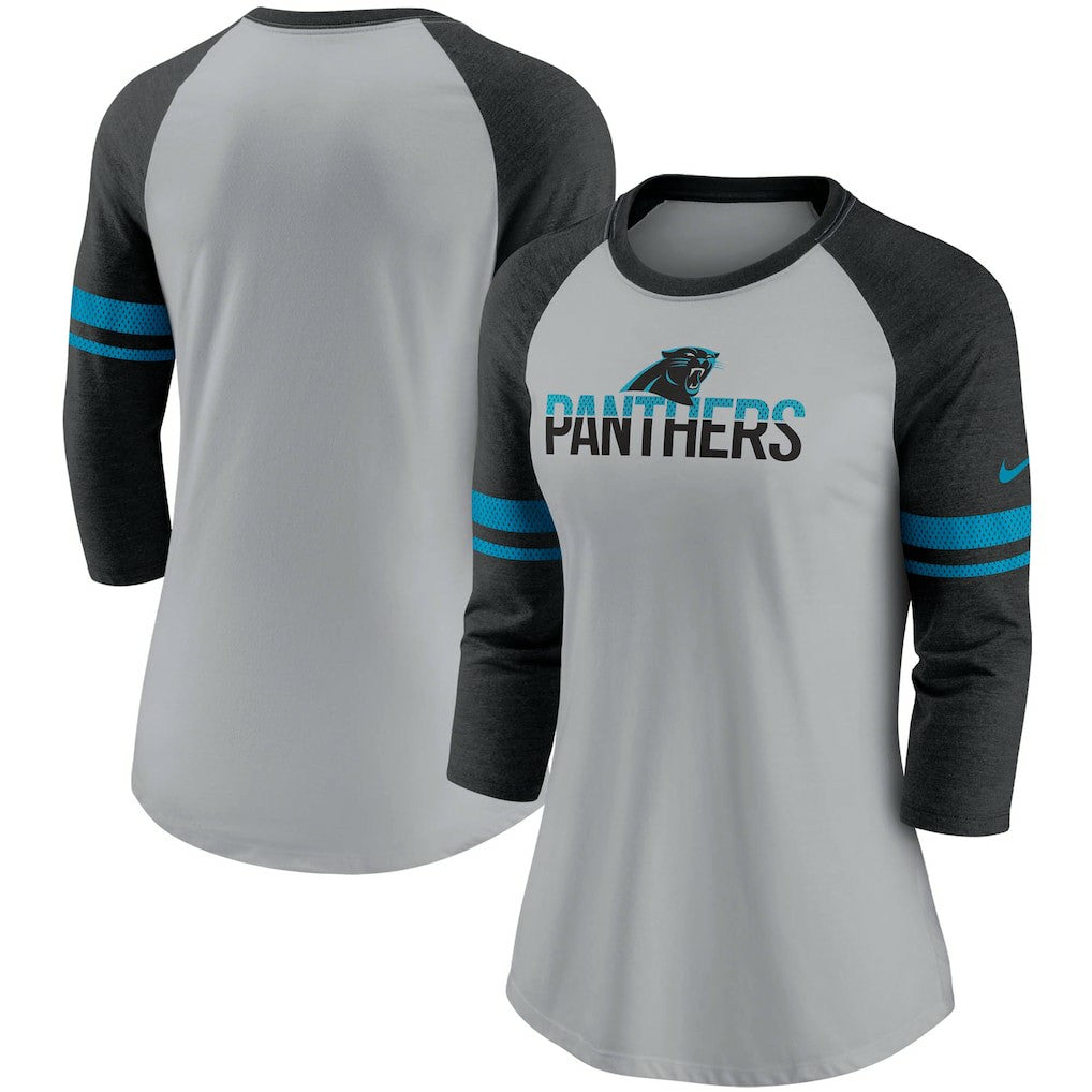 Nike Carolina Panthers Women's Stripe Mesh Nickname Tri-Blend 3/4-Sleeve T-Shirt Heathered Gray/Black