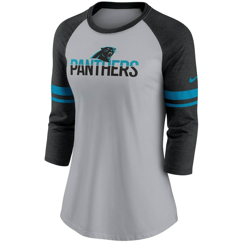 Nike Carolina Panthers Women's Stripe Mesh Nickname Tri-Blend 3/4-Sleeve T-Shirt Heathered Gray/Black