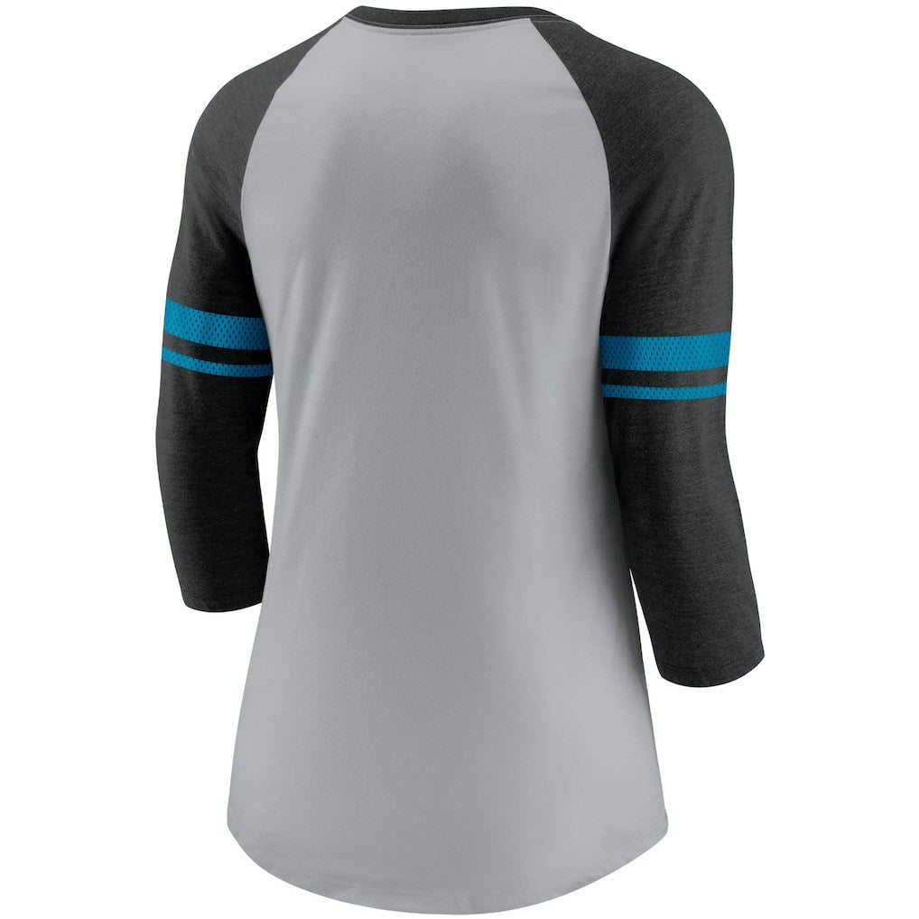 Nike Carolina Panthers Women's Stripe Mesh Nickname Tri-Blend 3/4-Sleeve T-Shirt Heathered Gray/Black
