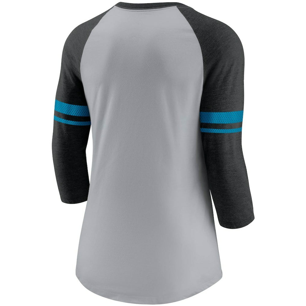 Nike Carolina Panthers Women's Stripe Mesh Nickname Tri-Blend 3/4-Sleeve T-Shirt Heathered Gray/Black