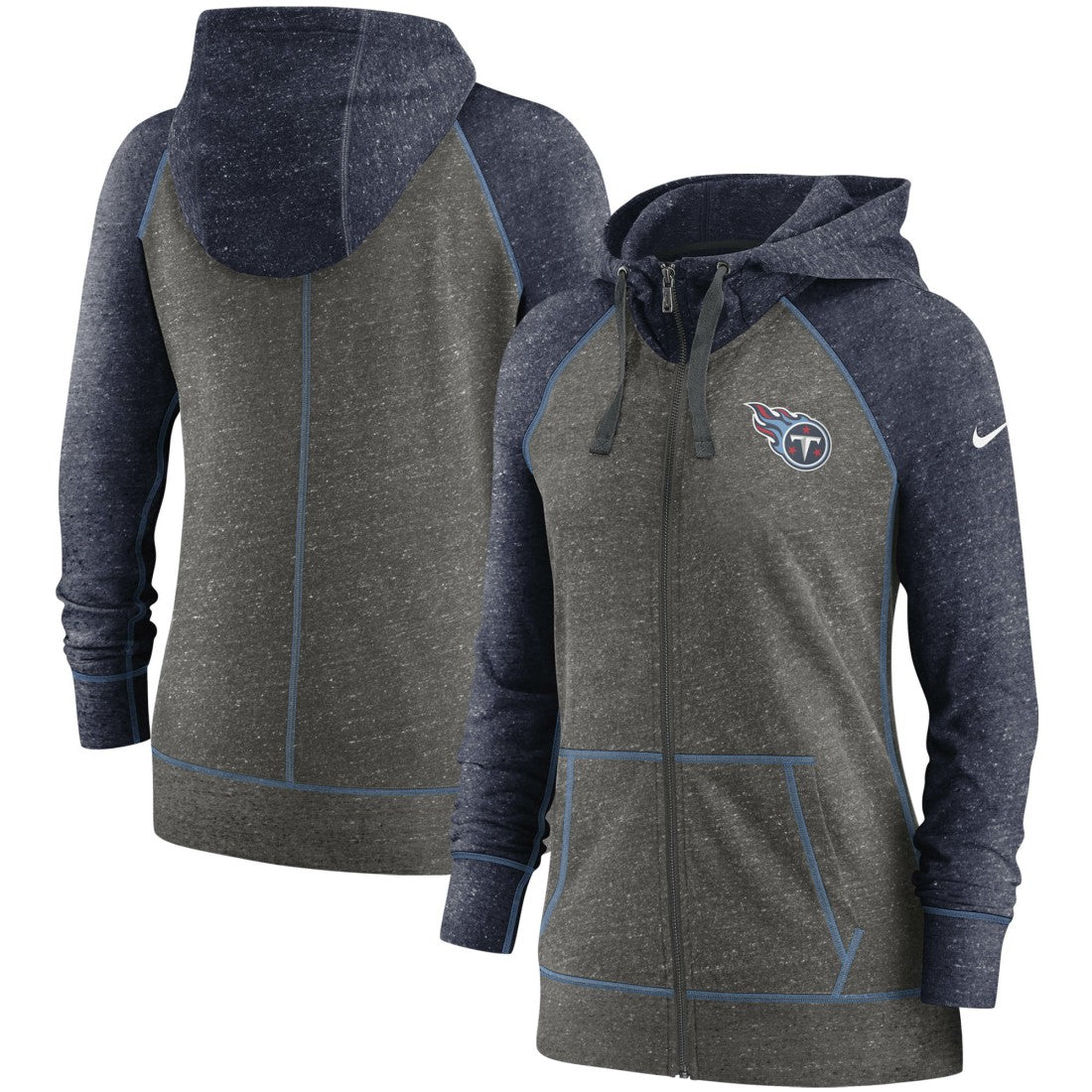 Nike Tennessee Titans Women's Gym Vintage Raglan Full-Zip Hoodie Heathered Charcoal/Navy