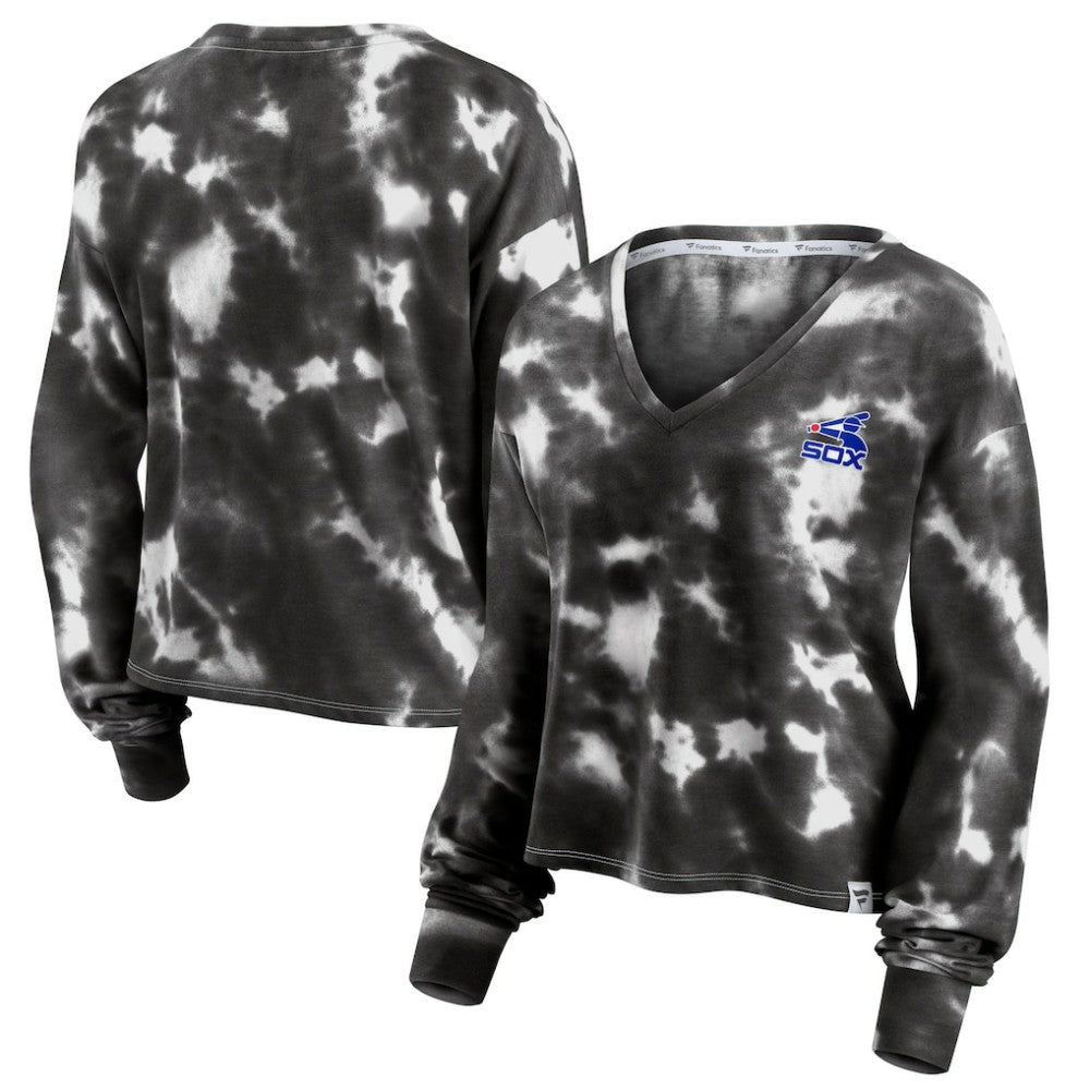 Chicago White Sox Fanatics Women's Tie-Dye V-Neck Pullover Cropped Tee - White/Black - Fanatics on Sale