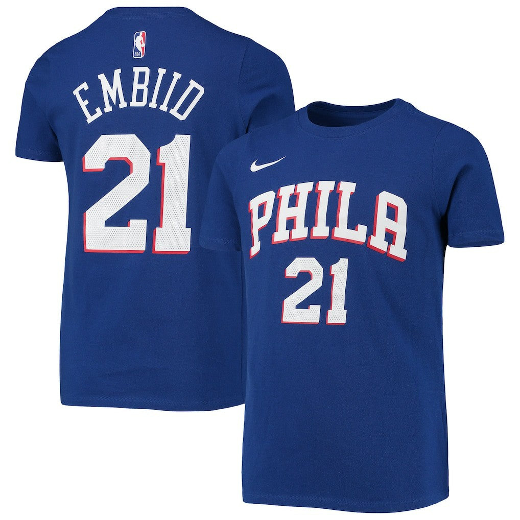 Joel Embiid Philadelphia 76ers Youth Logo Name & Number Performance T-Shirt Royal | Nike