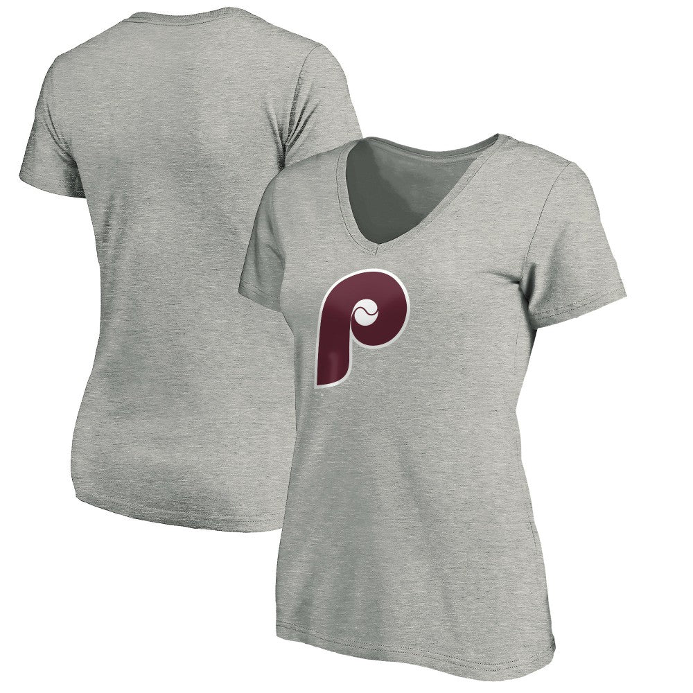 Philadelphia Phillies Women's Cooperstown Collection Huntington Logo V-Neck T-Shirt - Heathered Gray - MLB Discount
