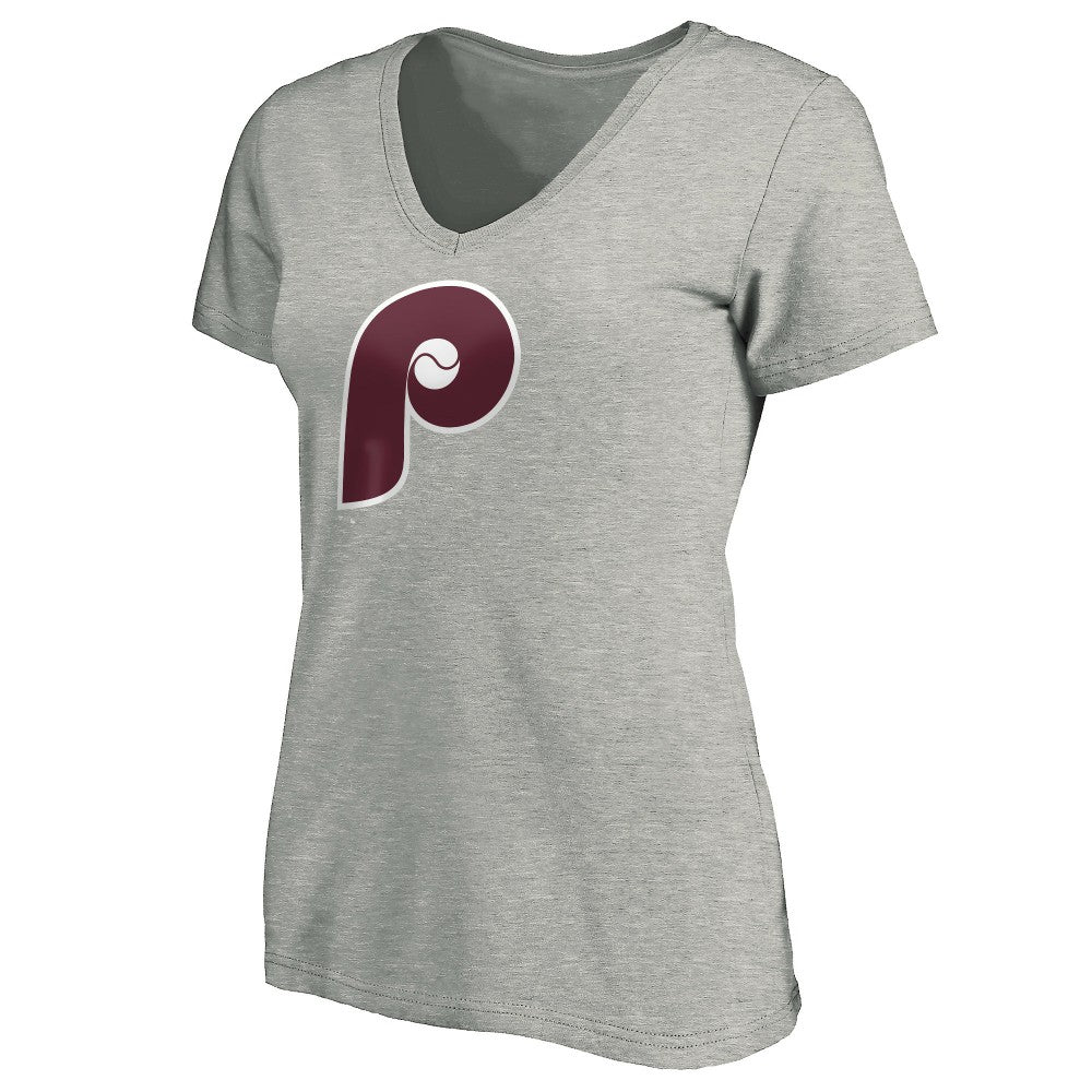Philadelphia Phillies Women's Cooperstown Collection Huntington Logo V-Neck T-Shirt - Heathered Gray - MLB Discount