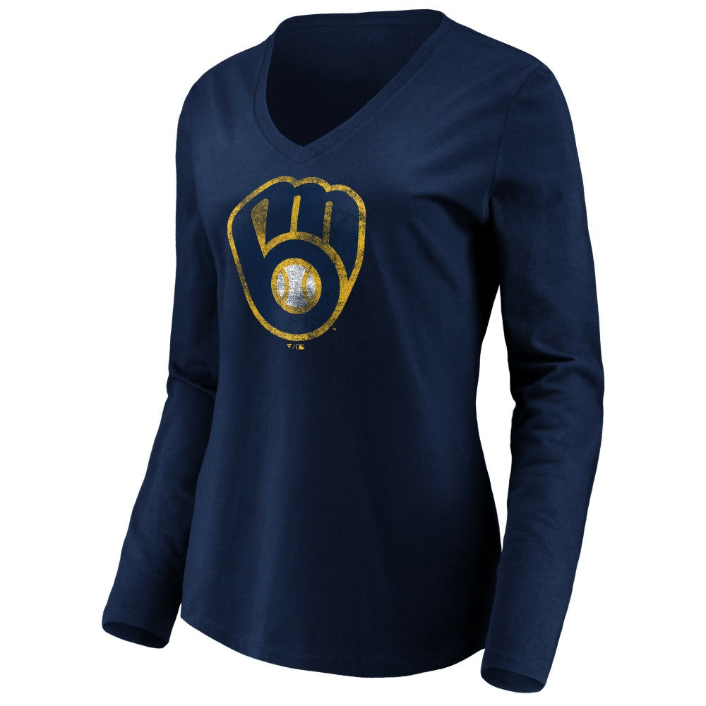 Milwaukee Brewers Women's Core Distressed Team Long Sleeve T-Shirt - Navy - MLB Discount