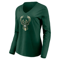 Milwaukee Bucks Women's Playmaker Personalized Name & Number Long Sleeve V-Neck T-Shirt Hunter Green