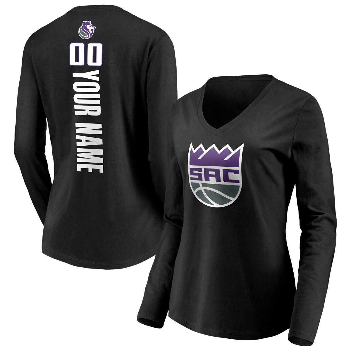 Sacramento Kings Women's Playmaker Personalized Name & Number Long Sleeve V-Neck T-Shirt Black