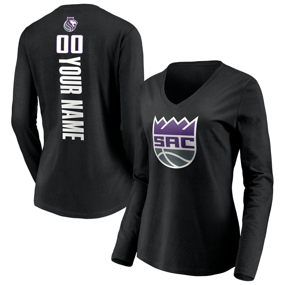 Sacramento Kings Women's Playmaker Personalized Name & Number Long Sleeve V-Neck T-Shirt Black