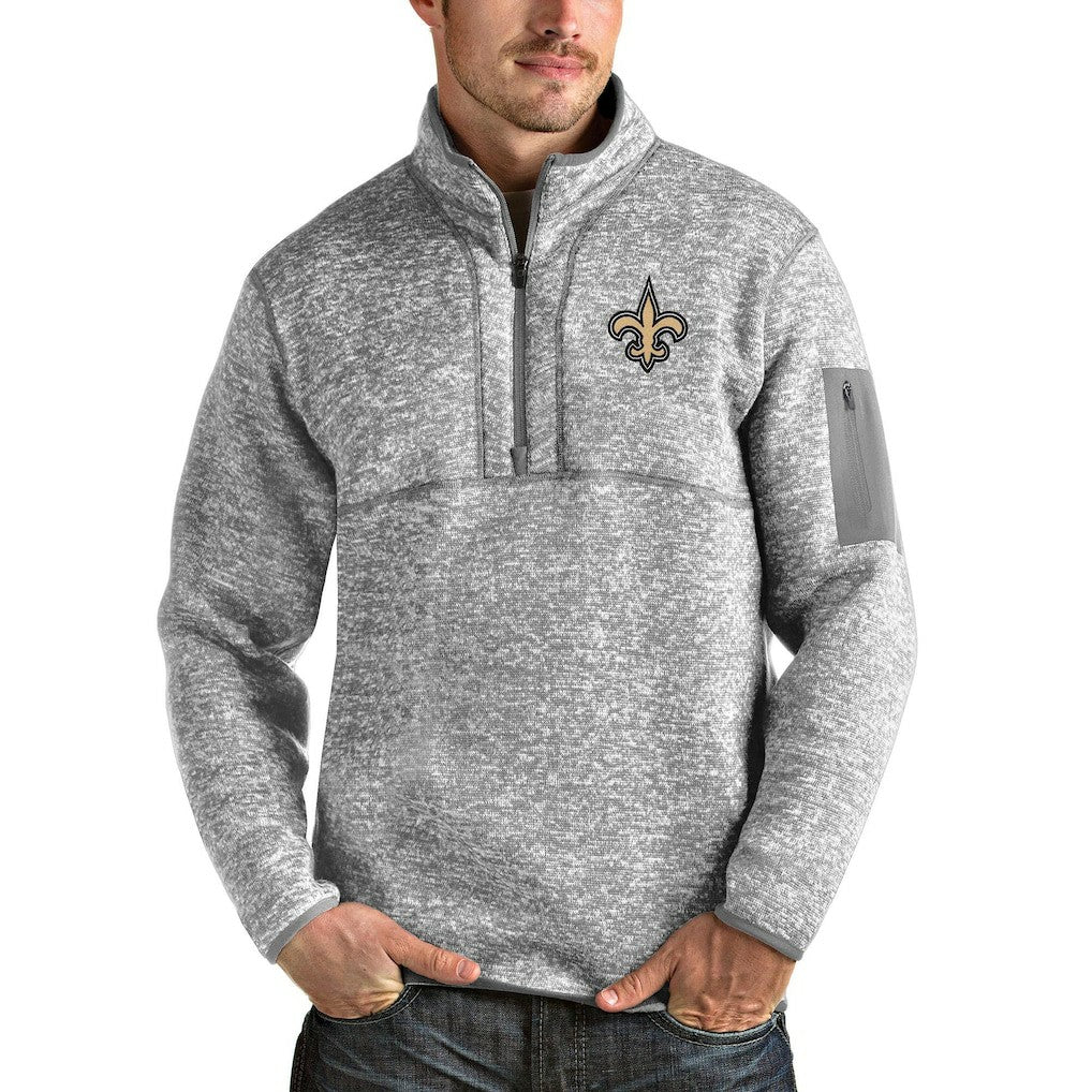 New Orleans Saints Antigua Team Logo Fortune Quarter-Zip Pullover Jacket Heather Gray
