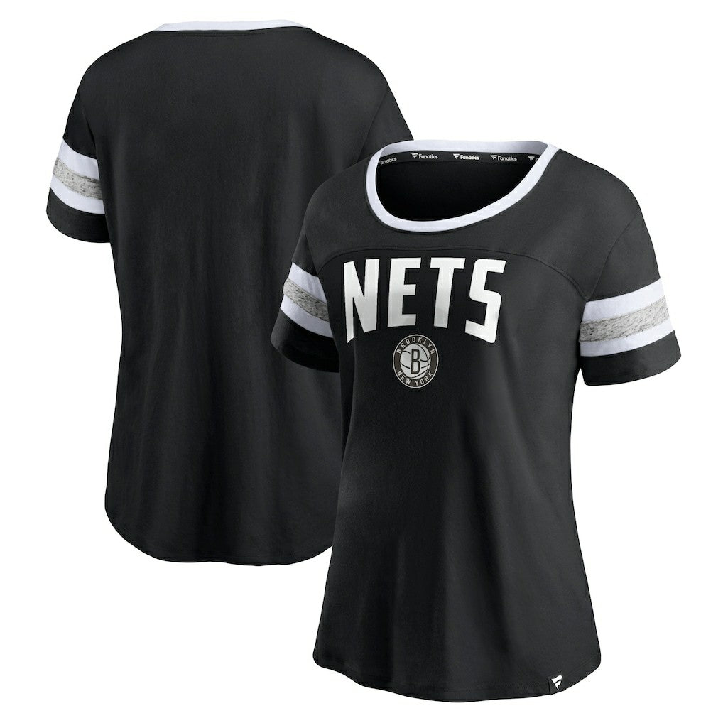 Brooklyn Nets Women's Block Party Striped Sleeve T-Shirt Black/Heathered Gray | Fanatics Lifestyle