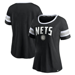 Brooklyn Nets Women's Block Party Striped Sleeve T-Shirt Black/Heathered Gray | Fanatics Lifestyle
