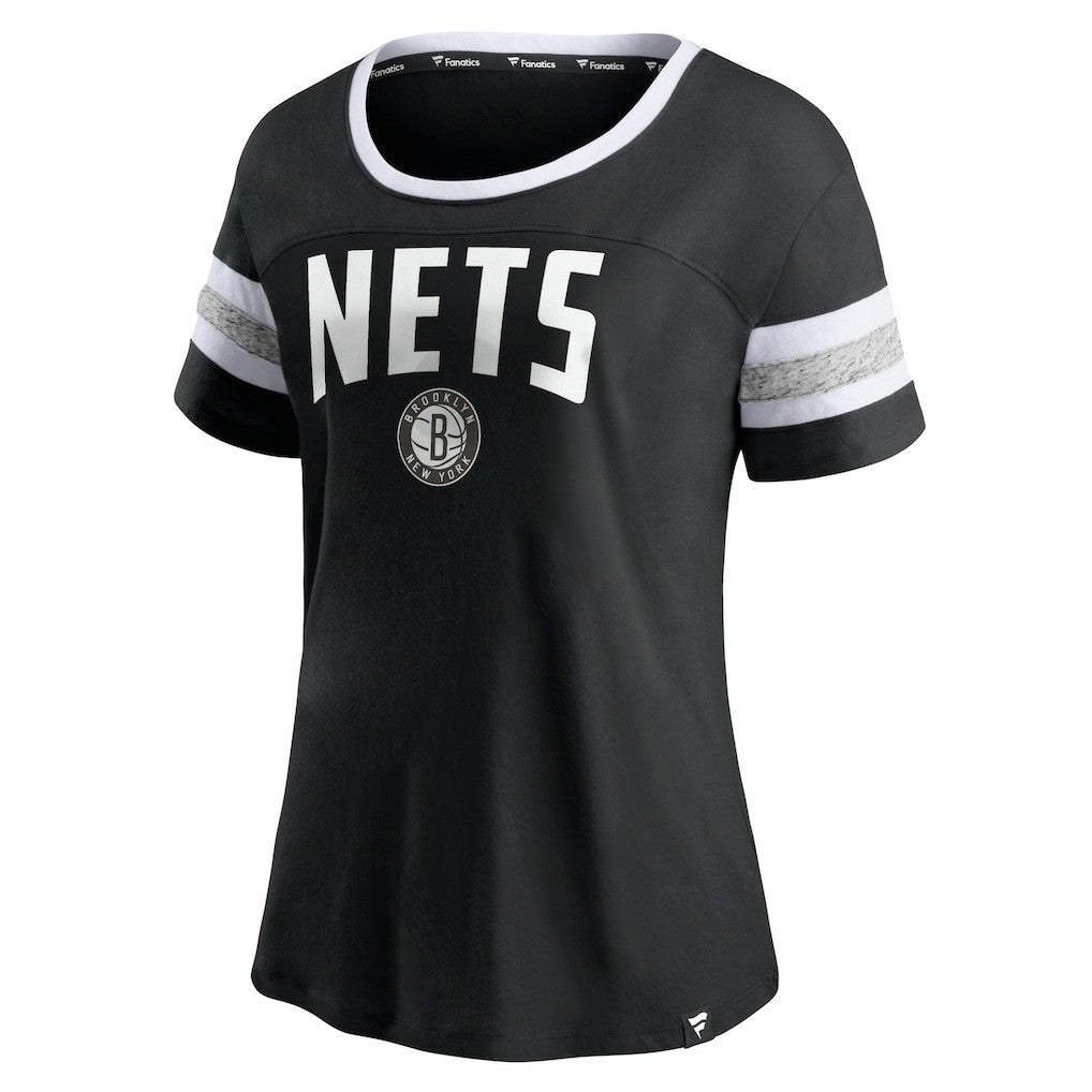 Brooklyn Nets Women's Block Party Striped Sleeve T-Shirt Black/Heathered Gray | Fanatics Lifestyle