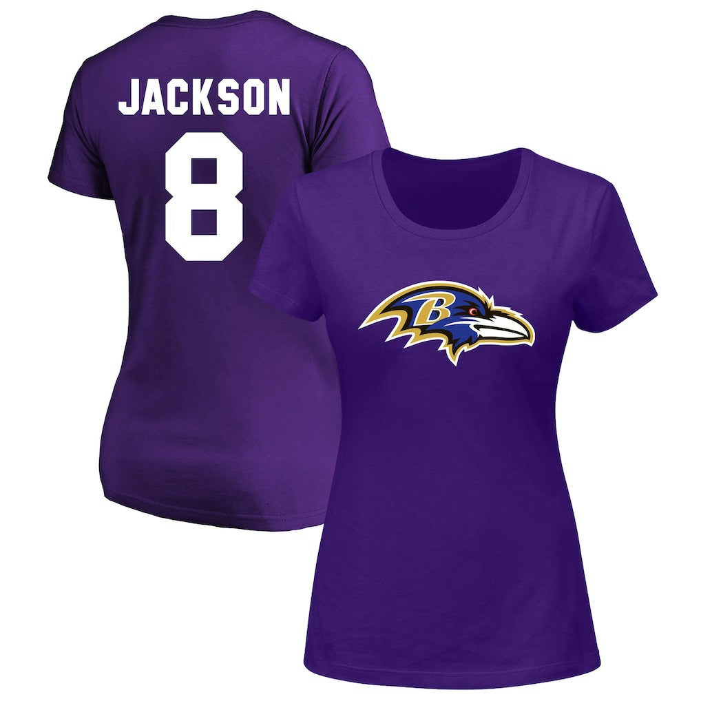 Fanatics Lamar Jackson Baltimore Ravens Women's Plus Size Name & Number V-Neck T-Shirt Purple