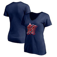 Miami Marlins Women's Red White and Team V-Neck T-Shirt - Navy - MLB Lifestyle