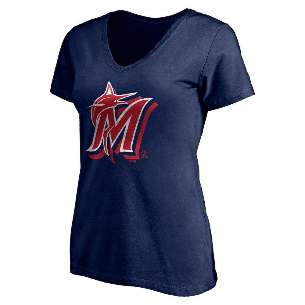 Miami Marlins Women's Red White and Team V-Neck T-Shirt - Navy - MLB Lifestyle