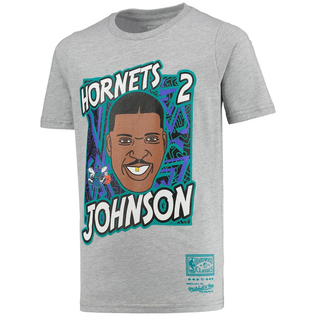 Larry Johnson Charlotte Hornets Youth Hardwood Classics King of the Court Player T-Shirt Gray | Mitchell & Ness US