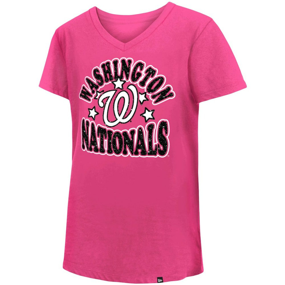 Washington Nationals New Era Girl's Youth Jersey Stars V-Neck T-Shirt - Pink - New Era Lifestyle