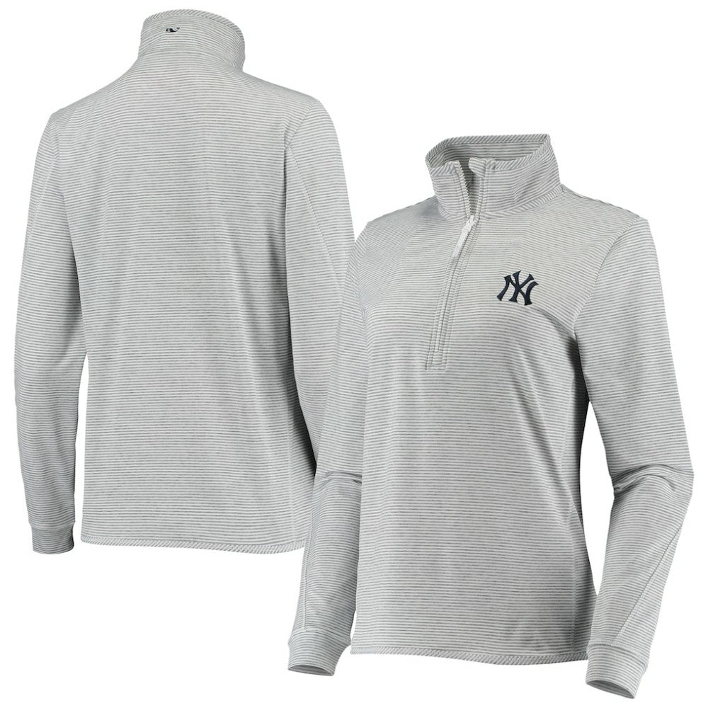 New York Yankees Vineyard Vines Women's Stripe Sankaty Half-Zip Pullover Top - Heather Gray - MLB Sale