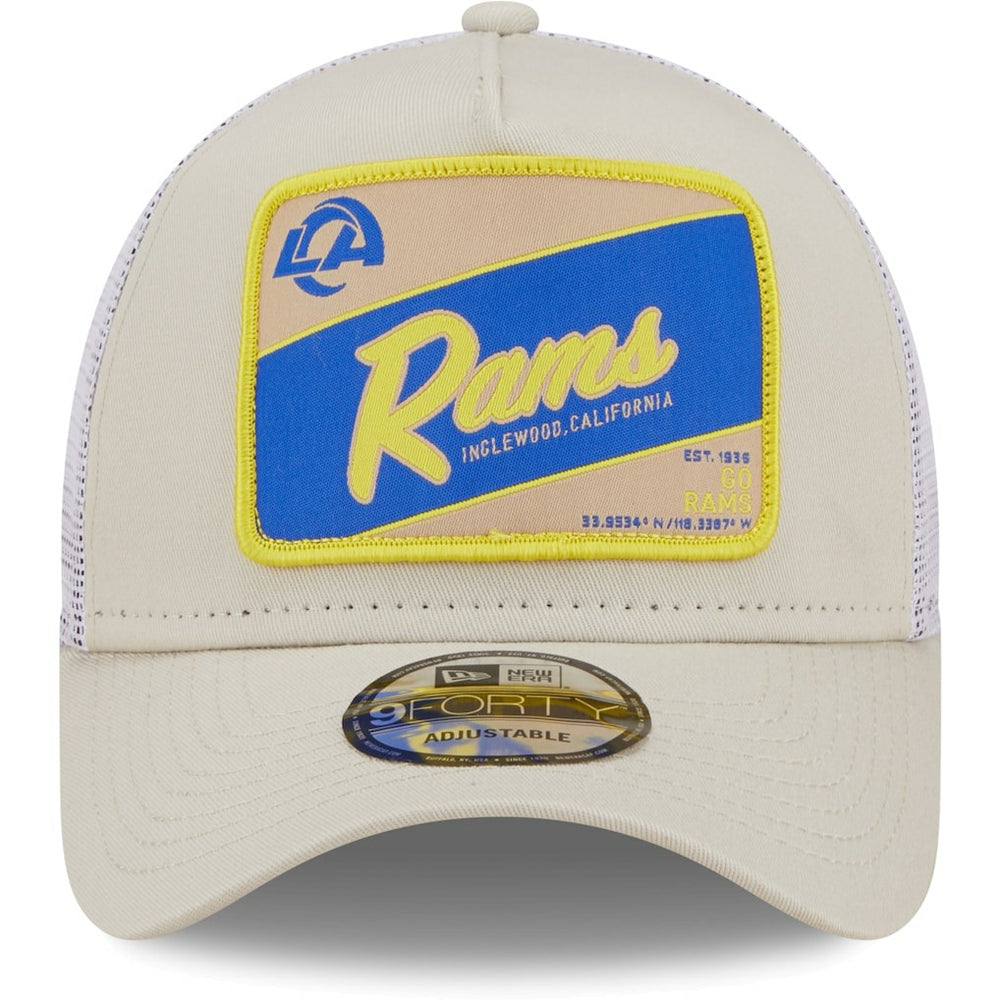 Los Angeles Rams New Era Happy Camper A-Frame Trucker 9FORTY Snapback Hat Khaki/White