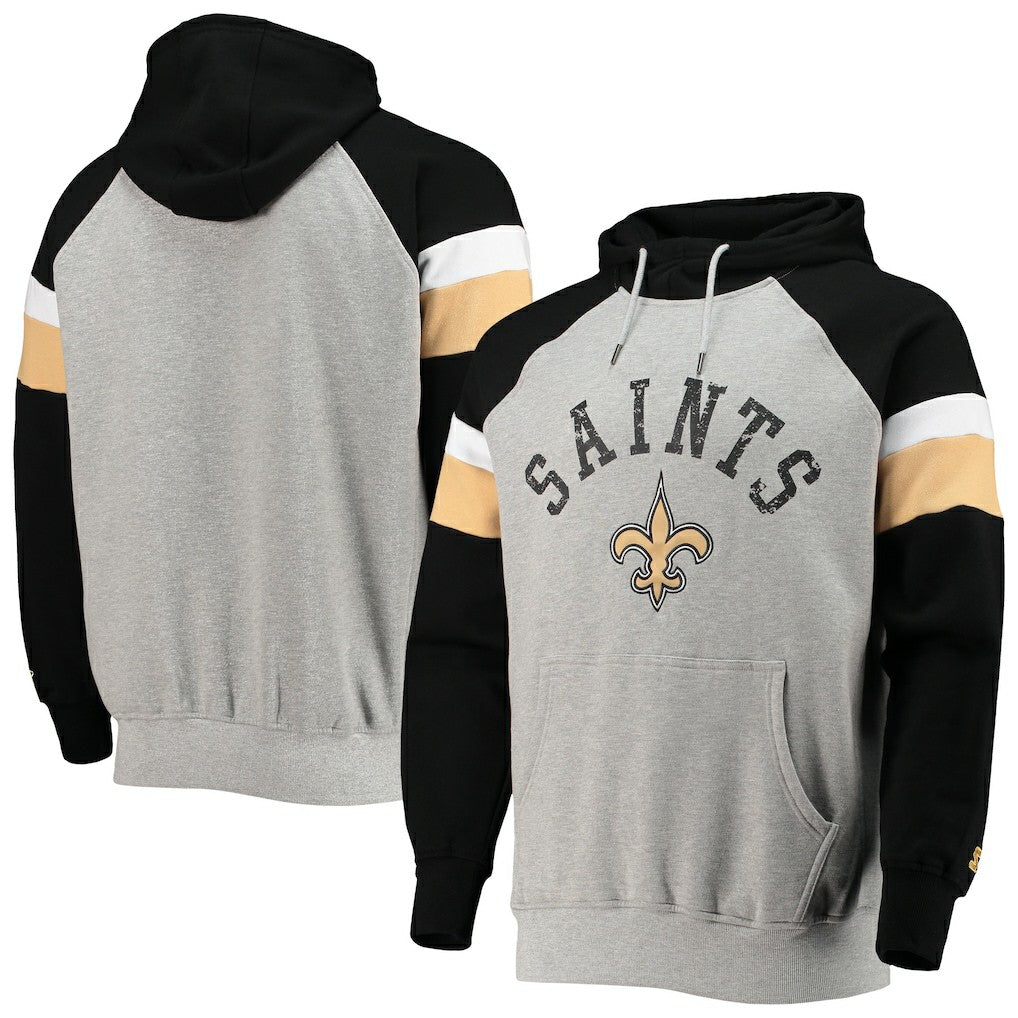 New Orleans Saints Starter Home Run Raglan Pullover Hoodie Heathered Gray/Black
