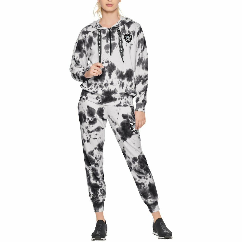 Las Vegas Raiders DKNY Sport Women's Dakota Oversized Tie-Dye Half-Zip Hoodie White/Black