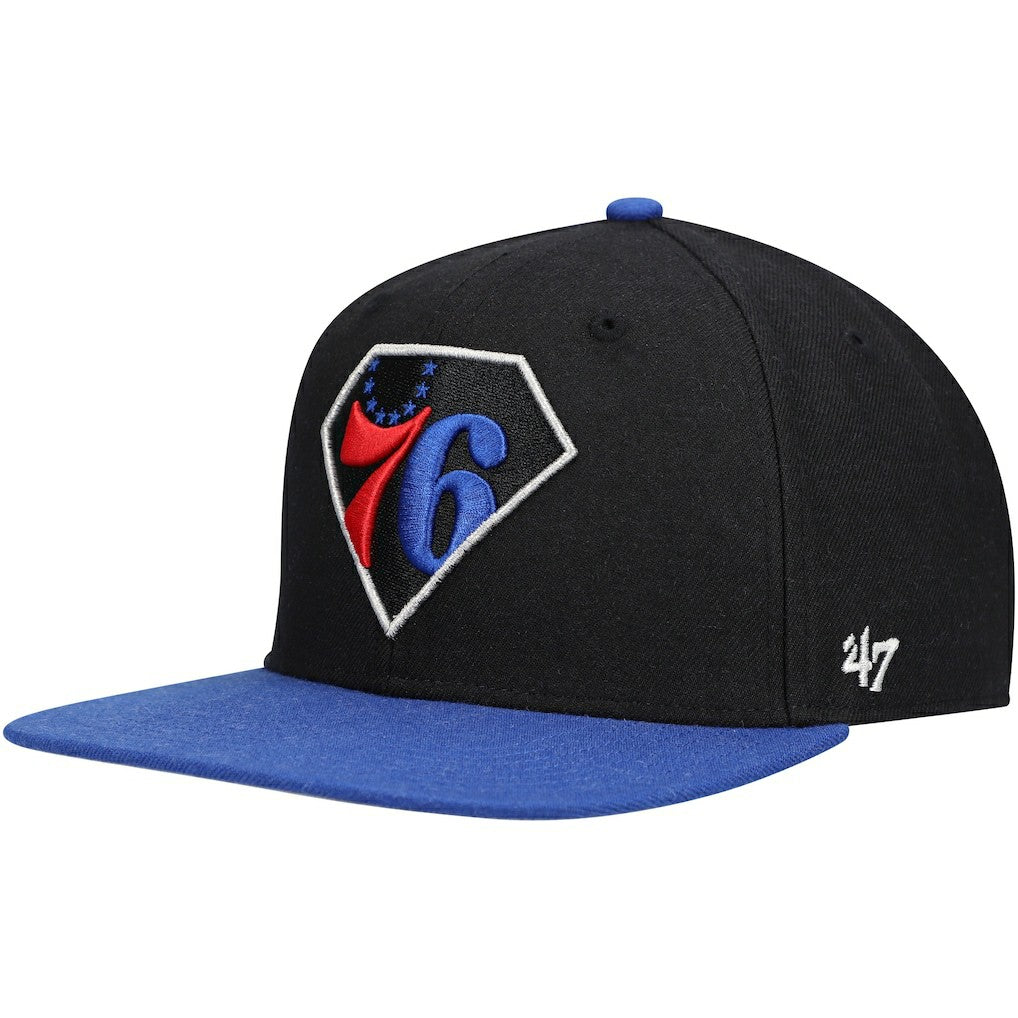 Philadelphia 76ers '47 75th Anniversary Carat Captain Snapback Hat Black/Royal | 47 brand for sale