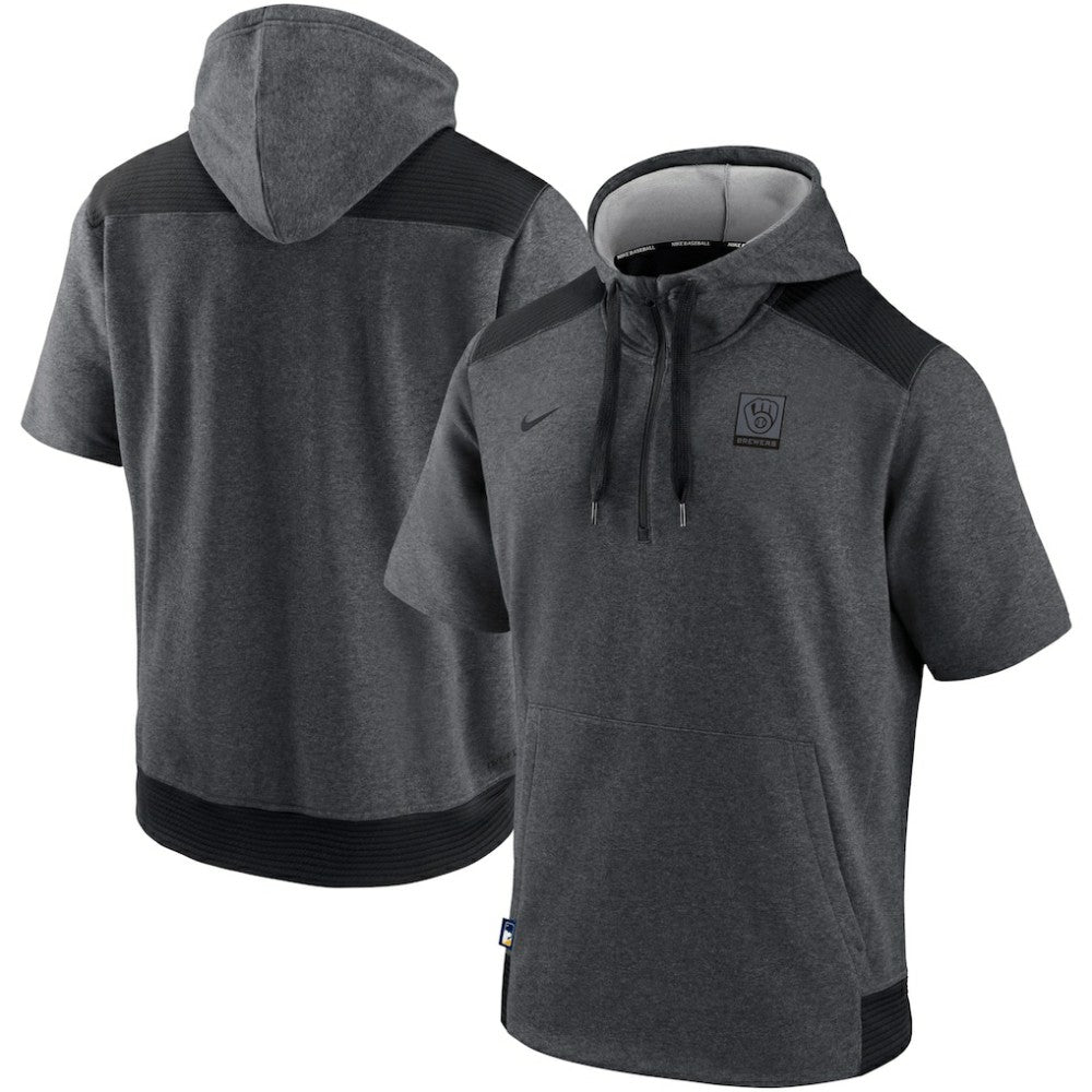 Milwaukee Brewers Nike Authentic Collection Dry Flux Performance Quarter-Zip Short Sleeve Hoodie - Heathered Charcoal/Black - Nike Discount