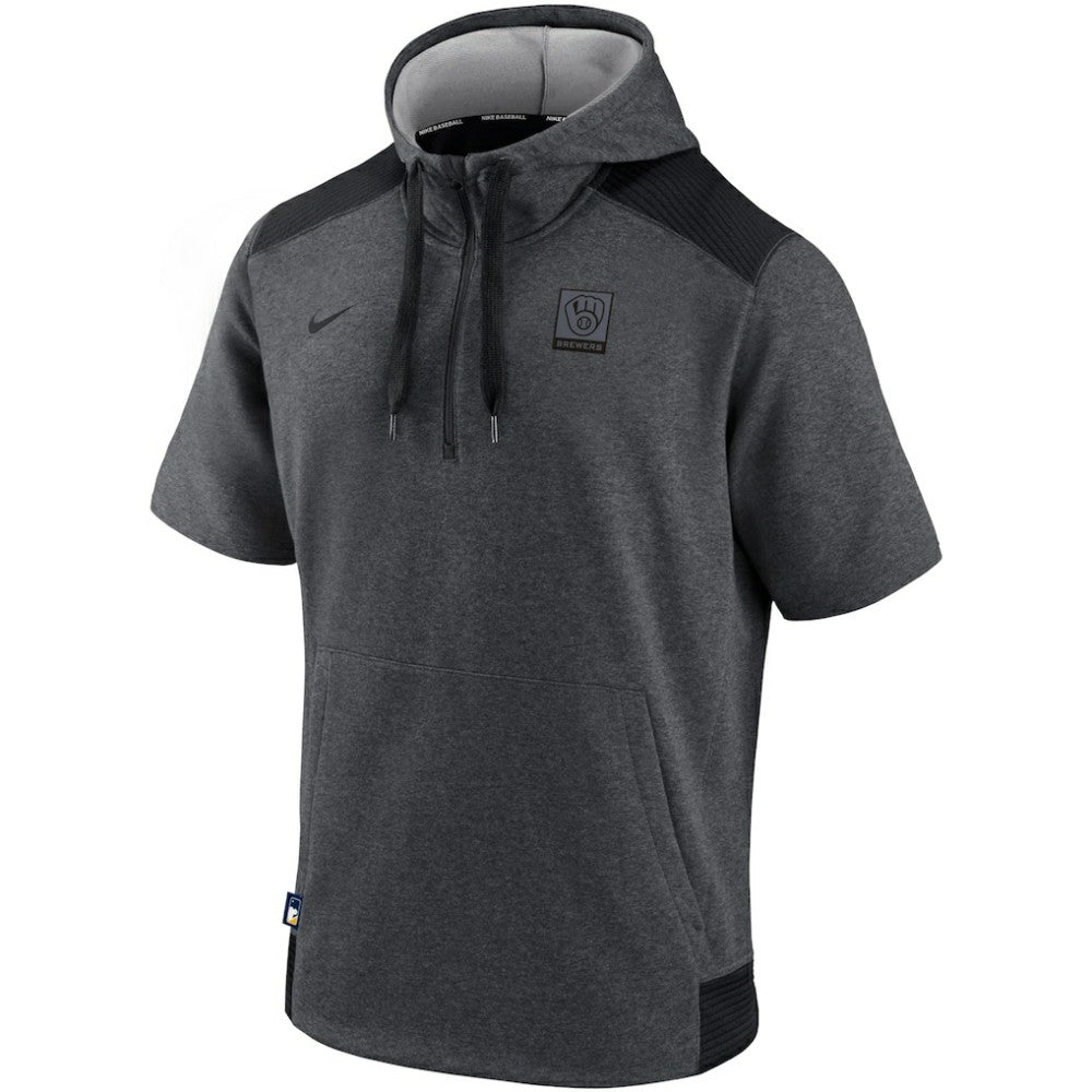 Milwaukee Brewers Nike Authentic Collection Dry Flux Performance Quarter-Zip Short Sleeve Hoodie - Heathered Charcoal/Black - Nike Discount