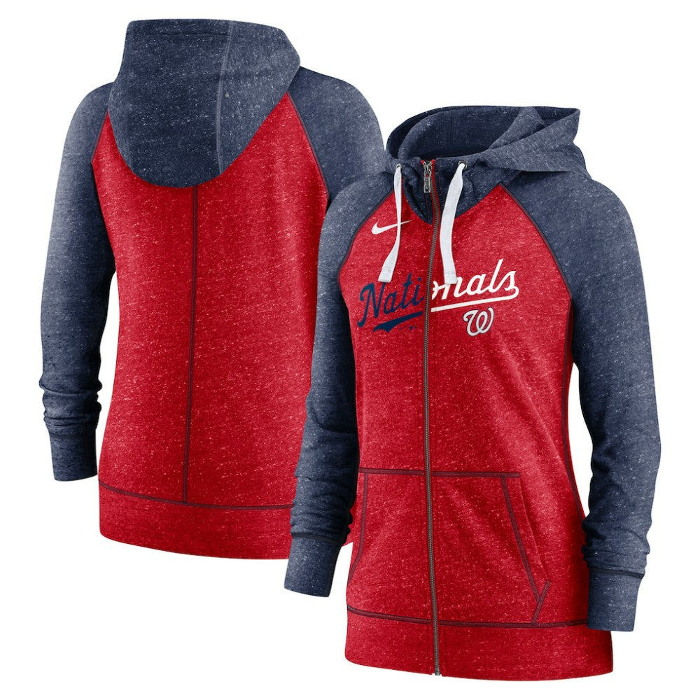 Washington Nationals Nike Women's Split Wordmark Gym Vintage Raglan Lightweight Full-Zip Hoodie - Heather Red/Heather Navy - Nike Discount