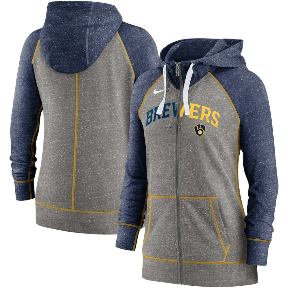 Milwaukee Brewers Nike Women's Split Wordmark Gym Vintage Raglan Lightweight Full-Zip Hoodie - Heather Charcoal/Heather Navy - Nike Lifestyle
