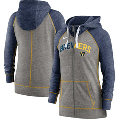 Milwaukee Brewers Nike Women's Split Wordmark Gym Vintage Raglan Lightweight Full-Zip Hoodie - Heather Charcoal/Heather Navy - Nike Lifestyle