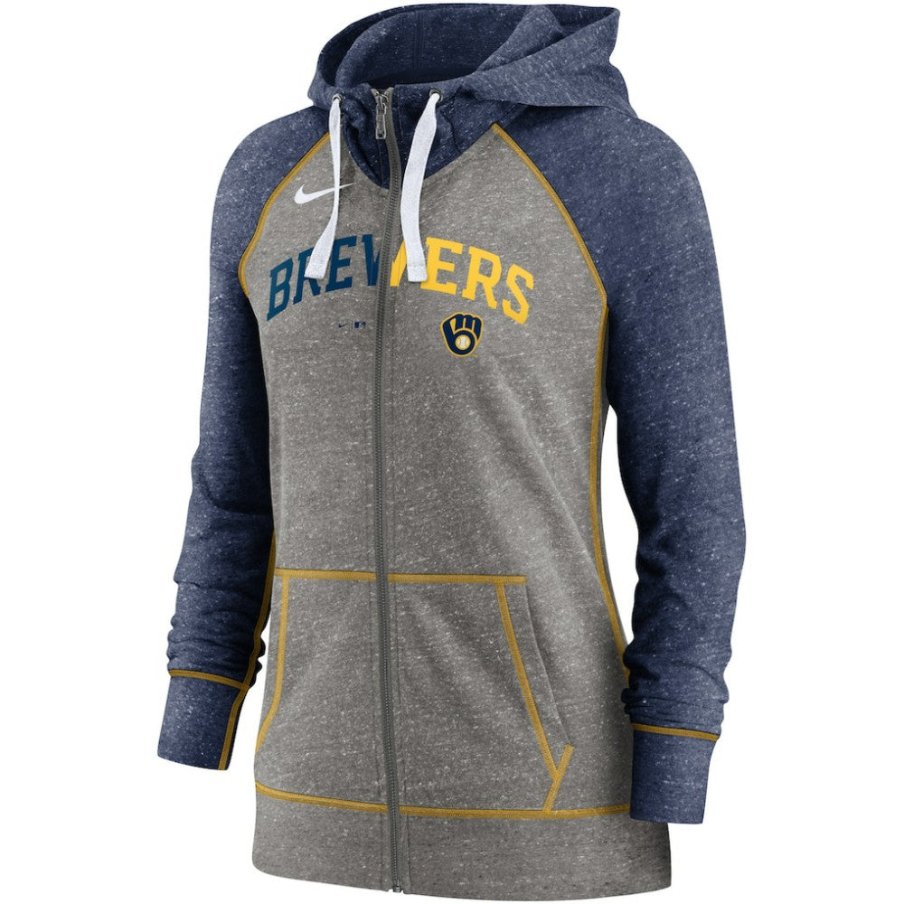 Milwaukee Brewers Nike Women's Split Wordmark Gym Vintage Raglan Lightweight Full-Zip Hoodie - Heather Charcoal/Heather Navy - Nike Lifestyle